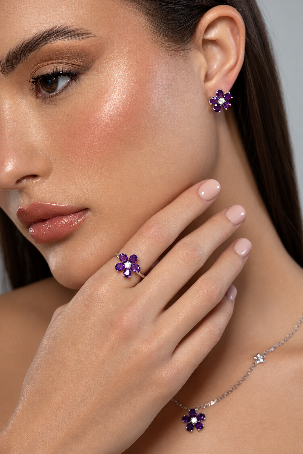 Amethyst Blossom Earrings styled on a model