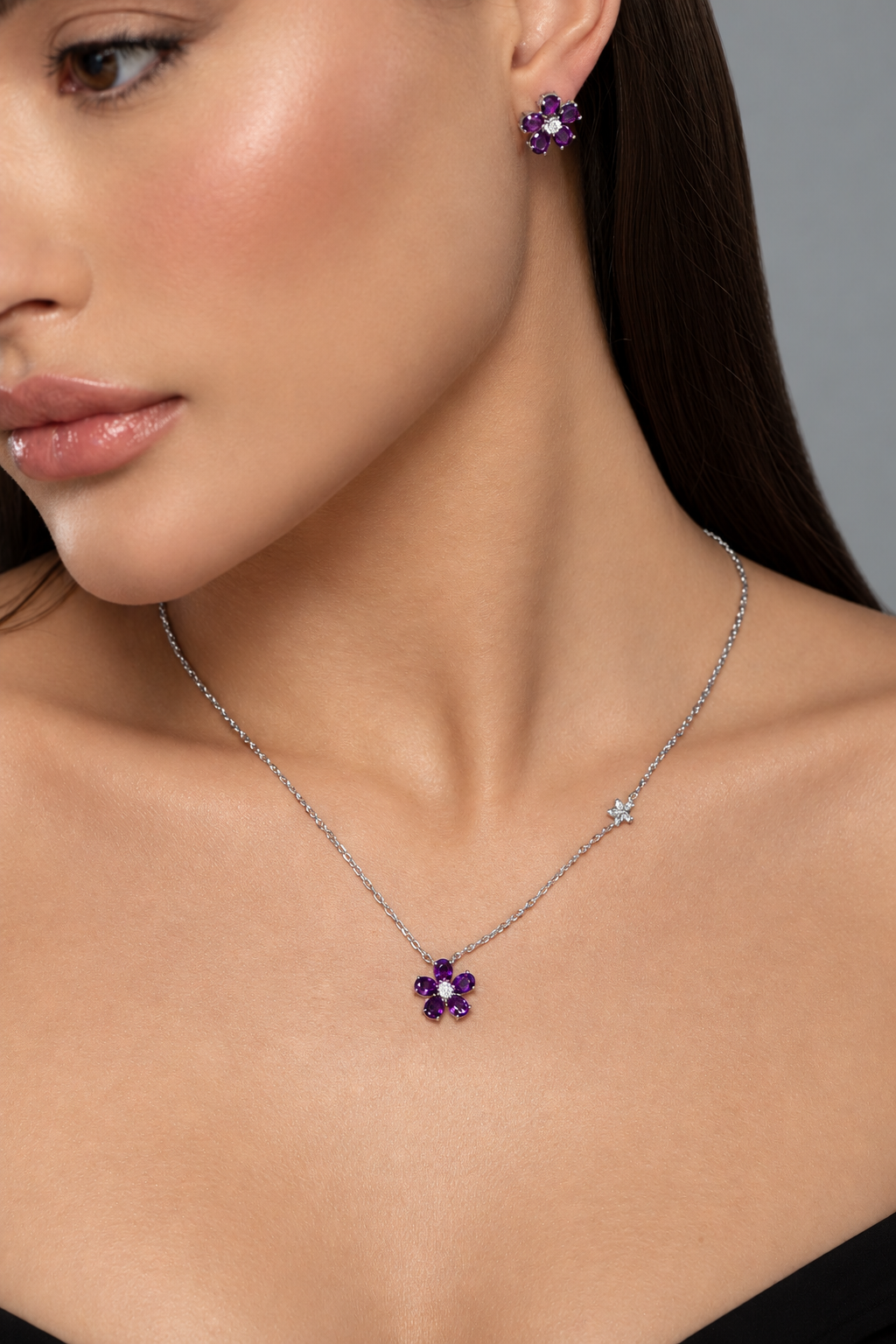 Amethyst Blossom Necklace styled on a model