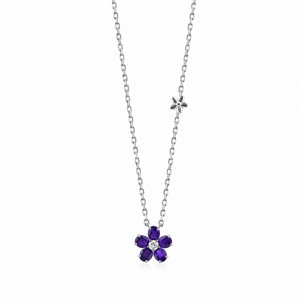 Amethyst Blossom Necklace with five amethyst petals and a brown diamond