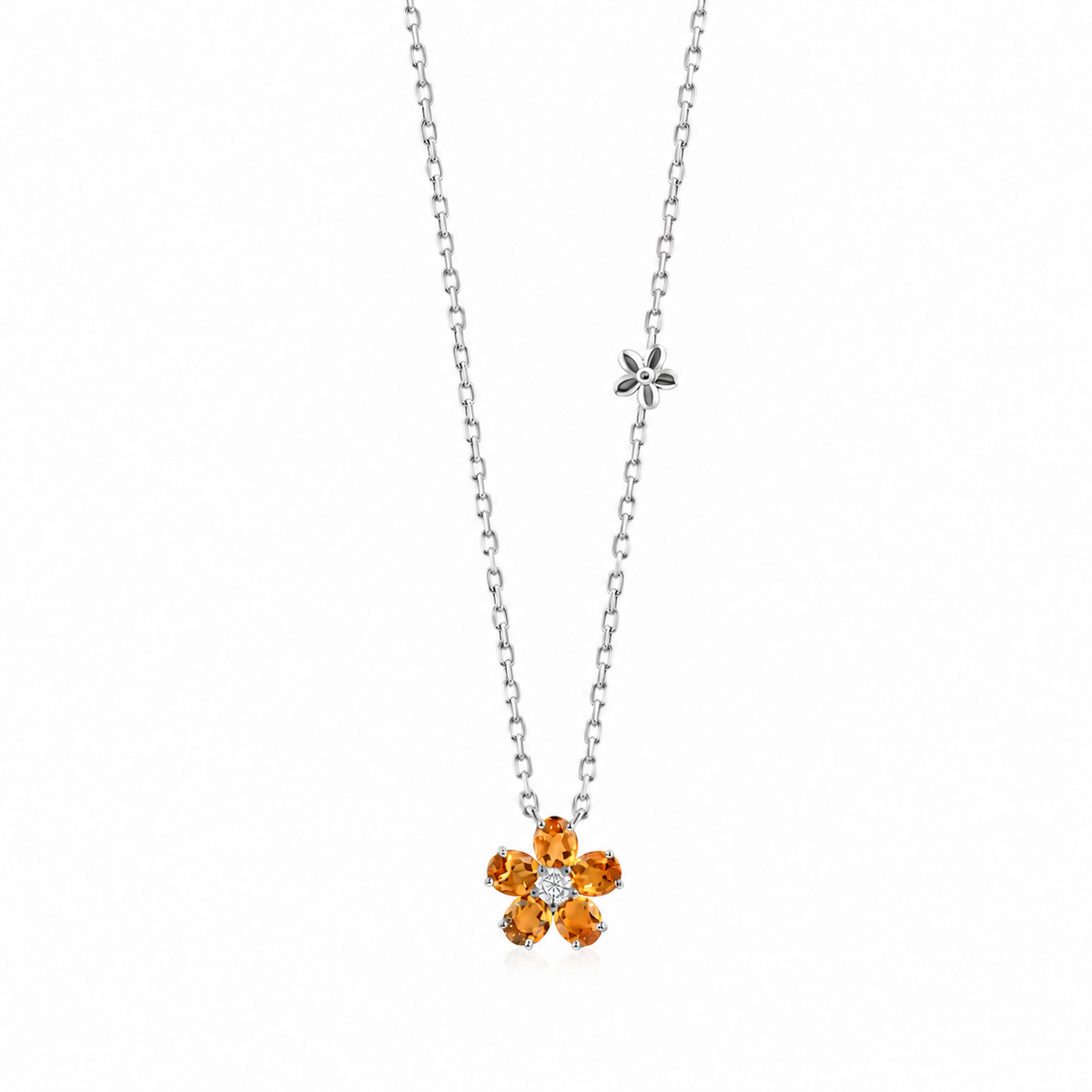 Citrine Blossom Necklace with five citrine petals and a brown diamond