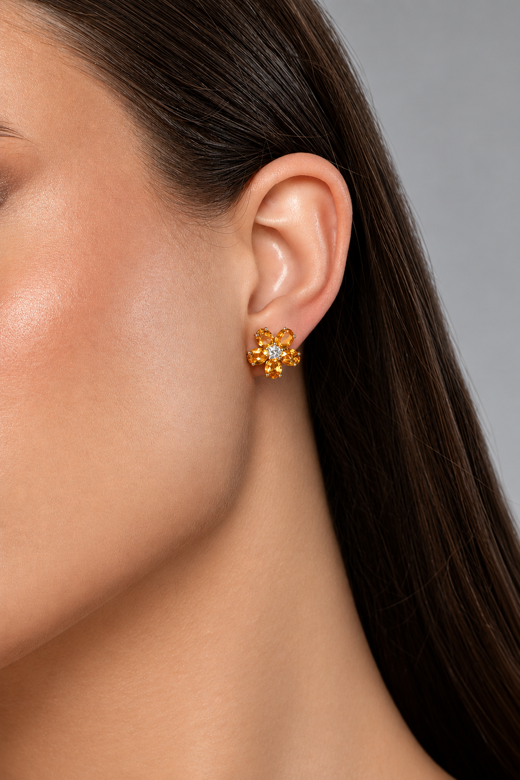 Citrine Blossom Earrings styled on a model